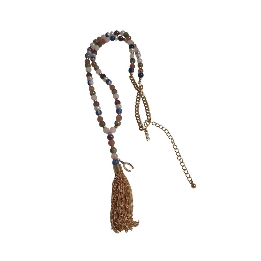 White House Black Market Gold Tone Tassel Semi Precious Beaded Necklace WHBM